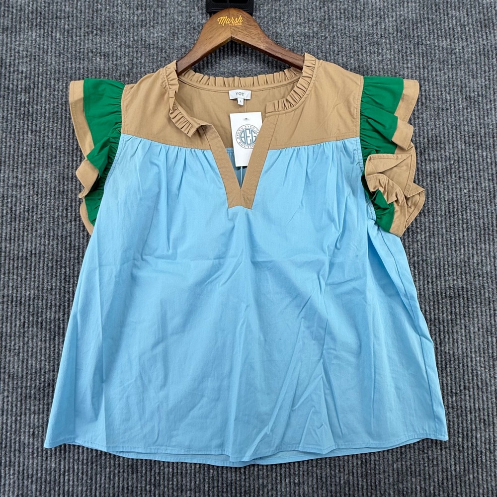 VOY Color Block Top Womens Large Blue Tan Green NEW Flutter Sleeve Blouse 34303